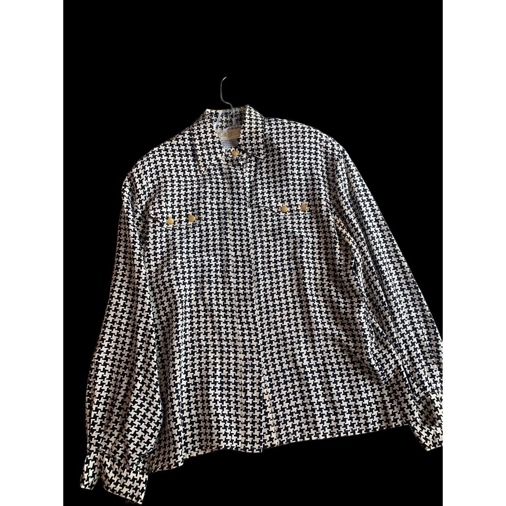 Vintage 100% Pure Silk Long Sleeve Shirt Black White Shoulder Pads Size 10